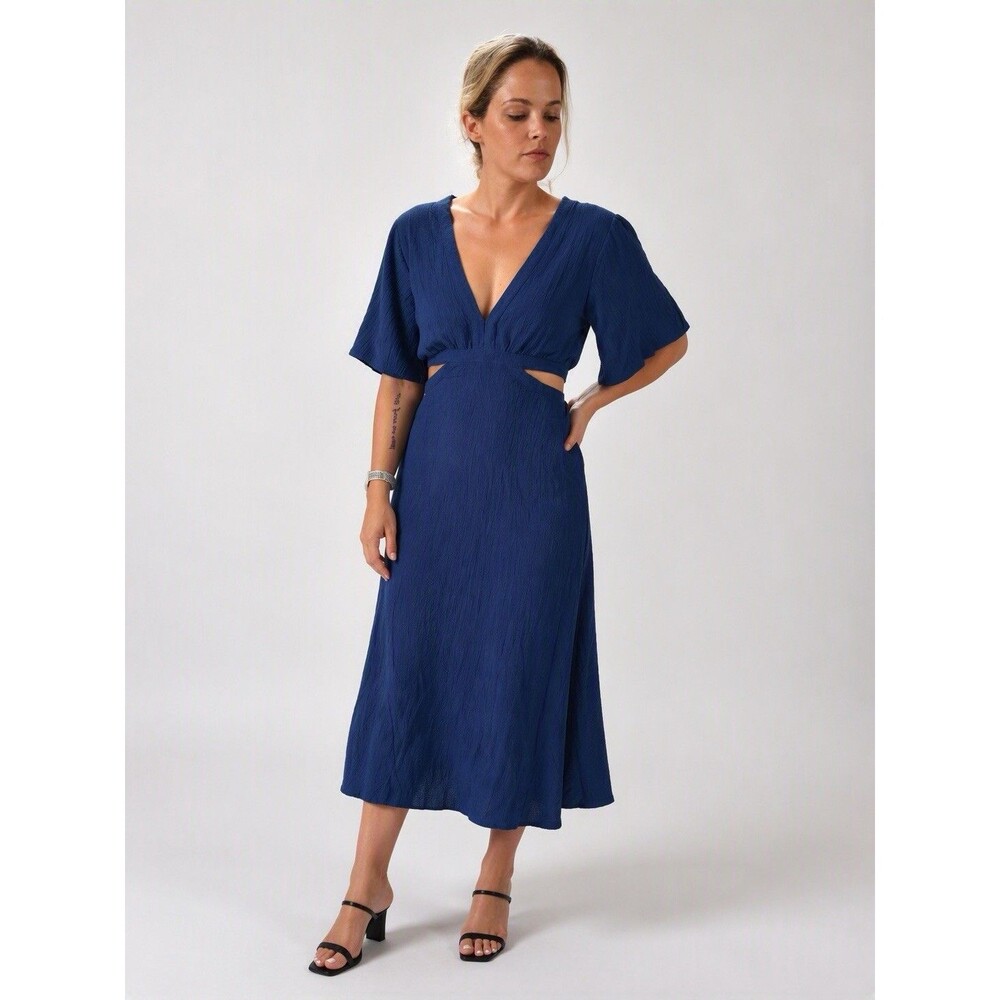 Rue Stiic Navy Cutout Midi Dress Medium Puff Sleeve Deep V Neck Coastal Boho